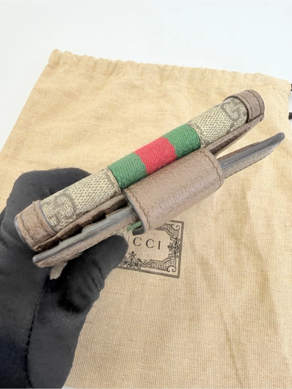 Gucci GG Canvas Small Ophidia Trifold Wallet in Gray with Green & Red Web